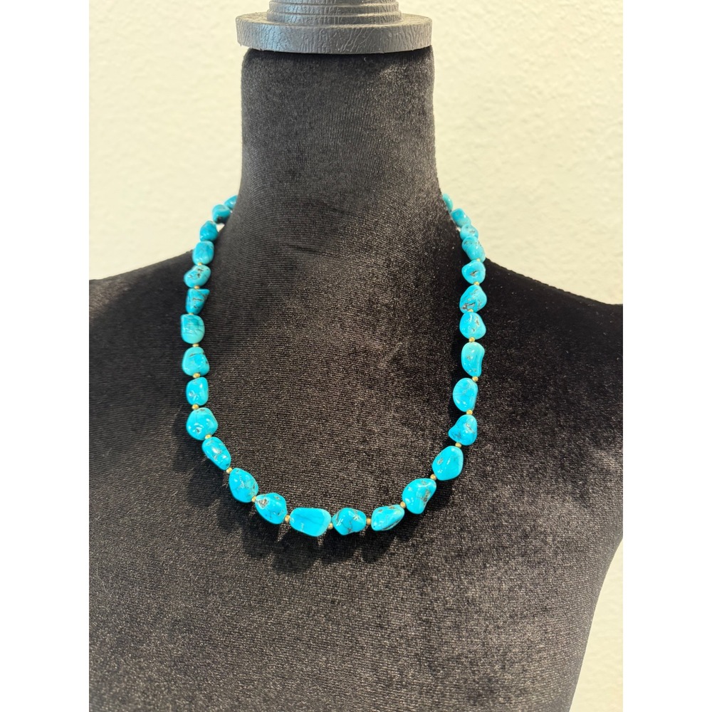 Vintage Turquoise Nugget Bead Necklace Gold Tone Spacer Barrel Clasp 18 Inch